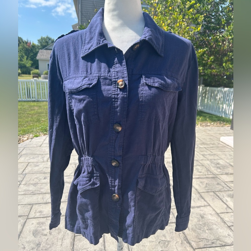 Draper James RSVP Navy Blue Linen Blend Button Down Utility Jacket S